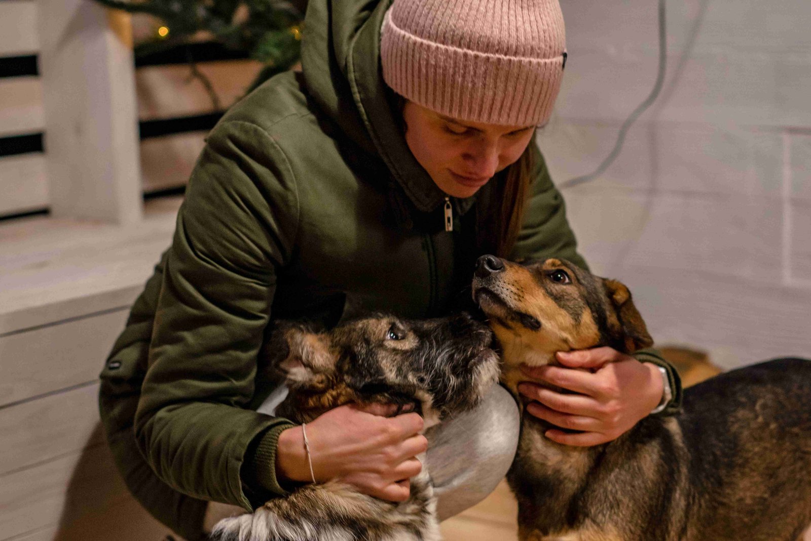 Criador sosteniendo un cachorro antes del viaje